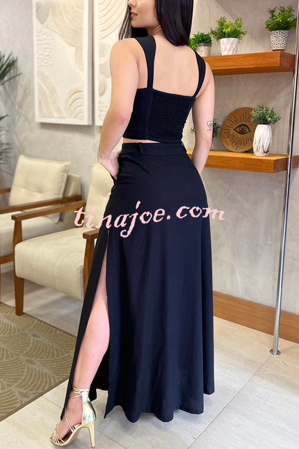 Solid Color Slim Fit Camisole Top and High Waist Slit Pocket Long Skirt Set