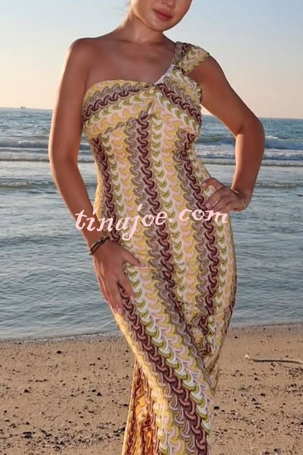 Colorful Zigzag Pattern Lace One-shoulder Slim Vacation Midi Dress