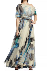 Unique Printed Bohemian Short-sleeved One-shoulder Maxi Dress