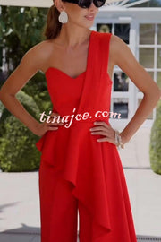 Amena One Shoulder Sweetheart Neck Ruffle Hem Top and Elastic Waist Pocket Wide Leg Pants Set
