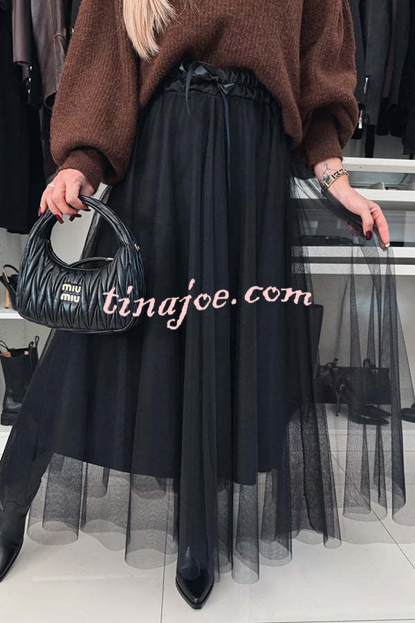 Romantic Winter Tulle Bow Elastic Waist Pleated Maxi Skirt