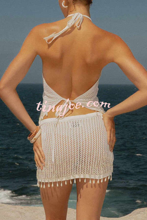Fashion Knit Hollow Back Top and Embellished Fitted Stretch Beach Mini Skirt Set