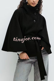 Fashionable Stand Collar Button Waist Tie Loose Cape