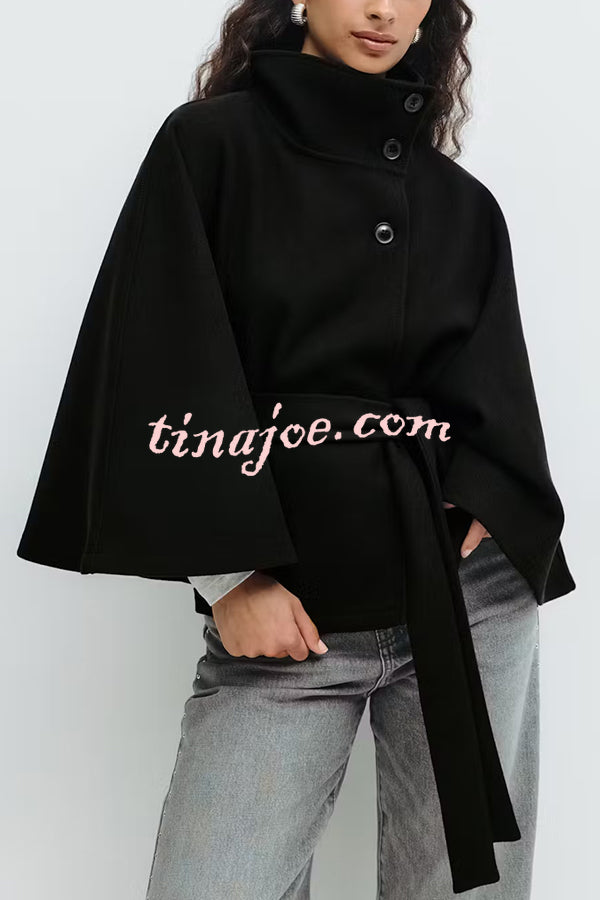 Fashionable Stand Collar Button Waist Tie Loose Cape