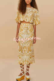 Korra Linen Blend Unique Print Wave Trim Bell Sleeve Top and Elastic Waist Pocket Midi Skirt Set
