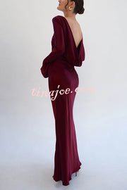 Satin Elegant Long-sleeved Open-back Slim-fit Slit Maxi Dress