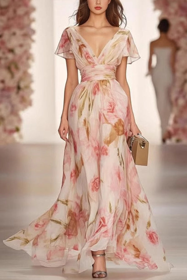 Floral Print V-neck Short-sleeved Waist Casual Maxi Dress