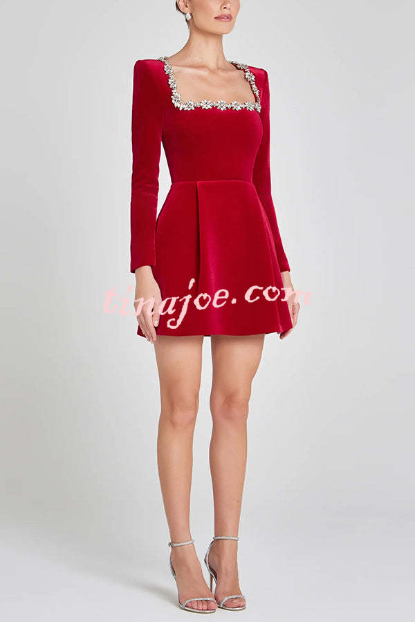 Endless Celebration Velvet Jewel Embellished Trim Long Sleeve Pocketed Mini Dress