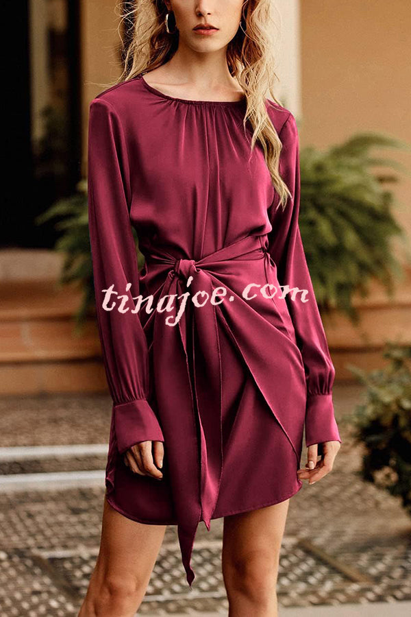 Satin Round Neck Long Sleeve Elastic Tie Mini Dress