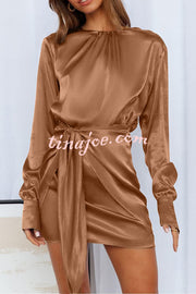 Satin Round Neck Long Sleeve Elastic Tie Mini Dress