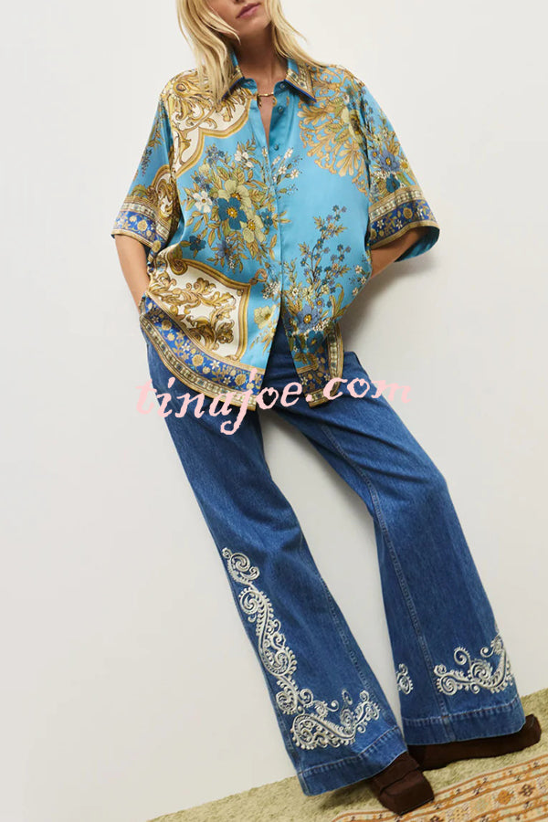 Satin Floral Print Loose Shirt and Elastic Waist Pocket Casual Wide-leg Pants