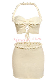 Sexy Halterneck Pearl-embellished Lace-up Tank and Fitted Knit Mini Skirt Set