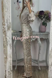 Glitzy Glamour Sequin High Rise Elastic Waist Wide Leg Pants