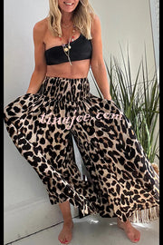 Stella Leopard Print High Rise Smocked Waist Pocketed Wide Leg Pants