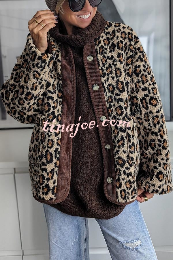 Warm Feel Colorblock Leopard Print Plush Button Up Pocketed Teddy Jacket