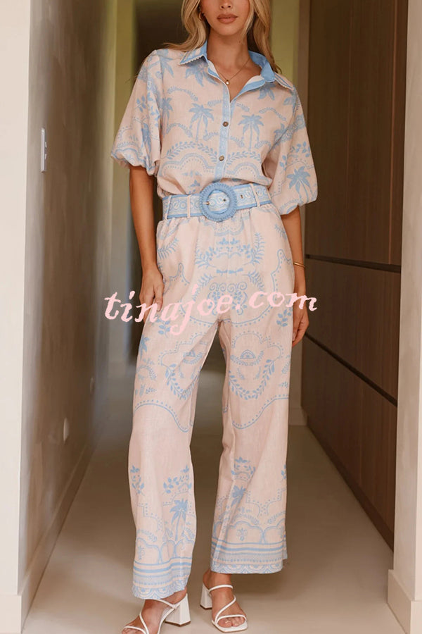 Linen Blend Lapel Puff Sleeve Loose Shirt and Casual Pocket Straight Pants Set