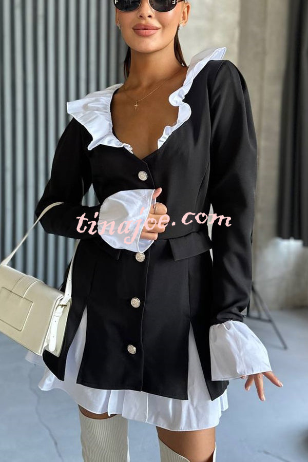 Altair Contrast Ruffled Shirt Patchwork Button Pleated Blazer Mini Dress