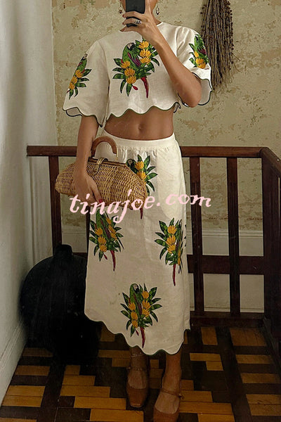 Parrot Print Round Neck Loose Crop Top and Elastic Waist Pocket Casual Midi Skirt Set