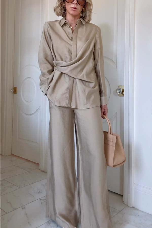 Juliette Cross-front Button Up Long Sleeve Shirt and Elastic Waist Pocket Loose Pants Set