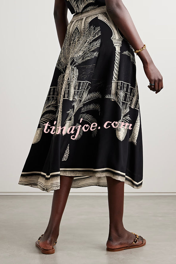 Satin Botanical Print Sleeveless Lounge Top and Midi Skirt Set