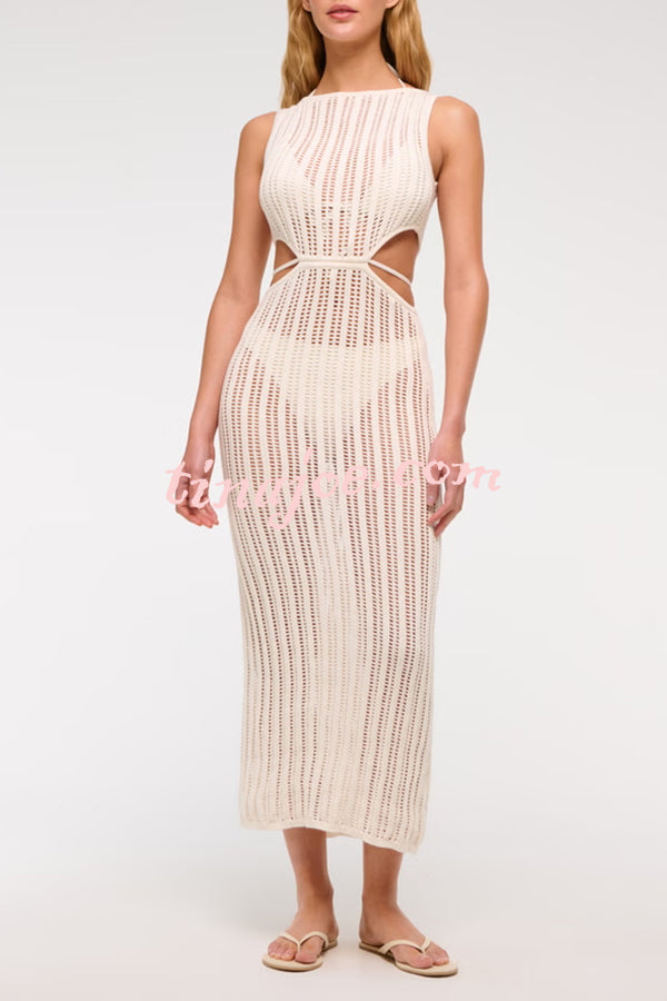 Beach Day Crochet Knit Cutout Waist Coverup Stretch Maxi Dress