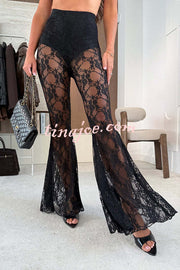 Chic Moment Floral Lace High Rise Elastic Waist Fishtail Hem Stretch Pants