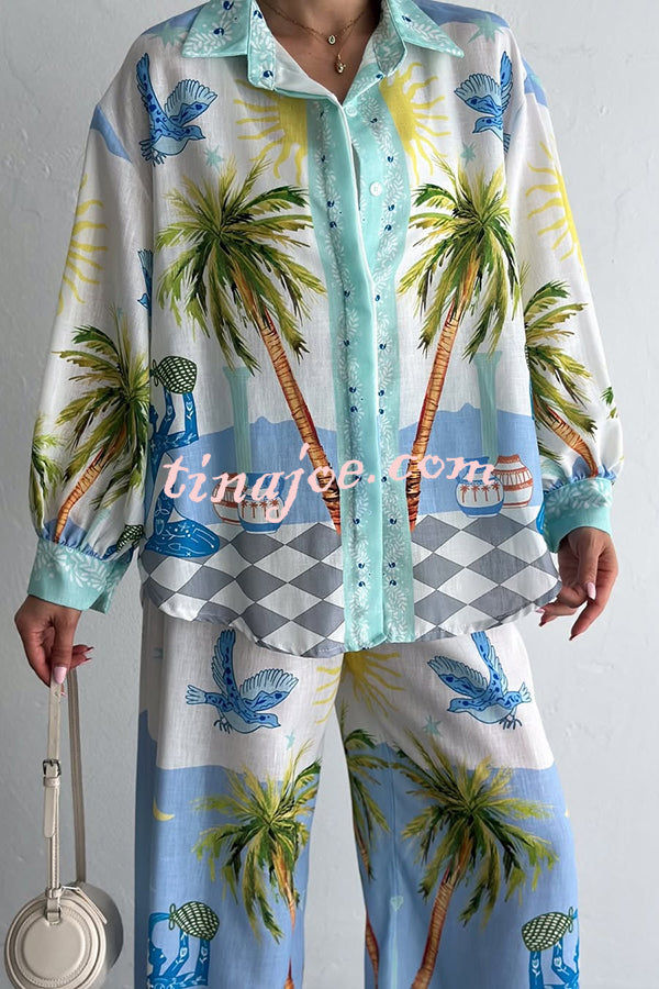 Holiday Style Print Loose Long Sleeve Shirt and Elastic Waist Loose Pocket Wide Leg Pants Set