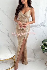 Look At The Bright Sequin V-neck Strap Slit Stretch Maxi Dress