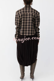 Vintage Plaid Shoulder Pad Buttons Long Sleeve Angled Hem Shirt