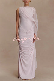 Fashionable Mesh Shawl Sleeveless Slim Fit Pleated Maxi Dress
