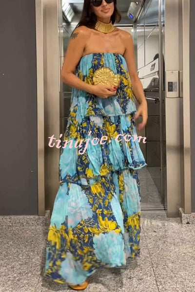 Cecily Contrast Floral Print Tiered Ruffles Strapless Maxi Dress
