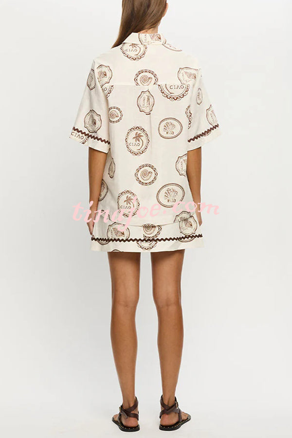 Resort Style Print Lapel Short Sleeve Shirt and Casual Mini Skirt Set