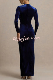 Wishes Velvet High Neck Long Sleeve Ruched Waist Wrap Slit Stretch Maxi Dress