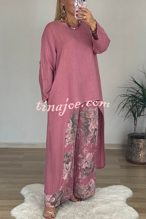 Linen Blend Crew Neck Long Sleeve Irregular Loose Top and Elastic Waist Floral Print Casual Pocket Set