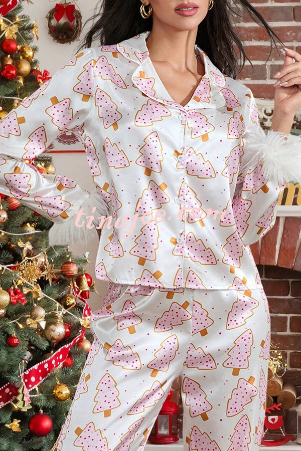 Christmas Print Feather Trim Elastic Waist Pocket Pajama Set