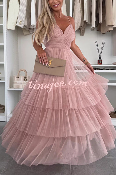 Romantic Movie Tulle Ruched Tiered Hem Slip Maxi Dress