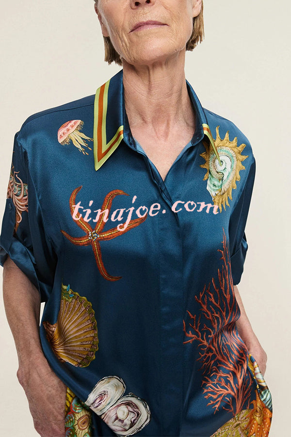 Linen Blend Unique Print Lapel Short Sleeve Shirt and Elastic Waist Loose Pocket Wide Leg Pants Set