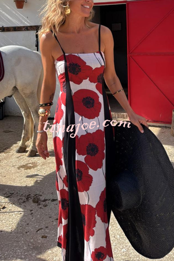 Floral Print Suspenders Paneled Back Pleated Maxi Dress