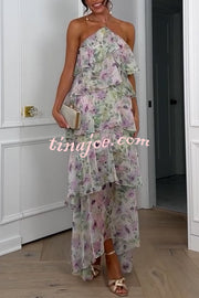 Cocktail Party Sheer Floral Georgette Halter Flowy Tiered Maxi Dress