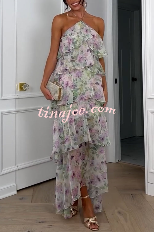 Cocktail Party Sheer Floral Georgette Halter Flowy Tiered Maxi Dress