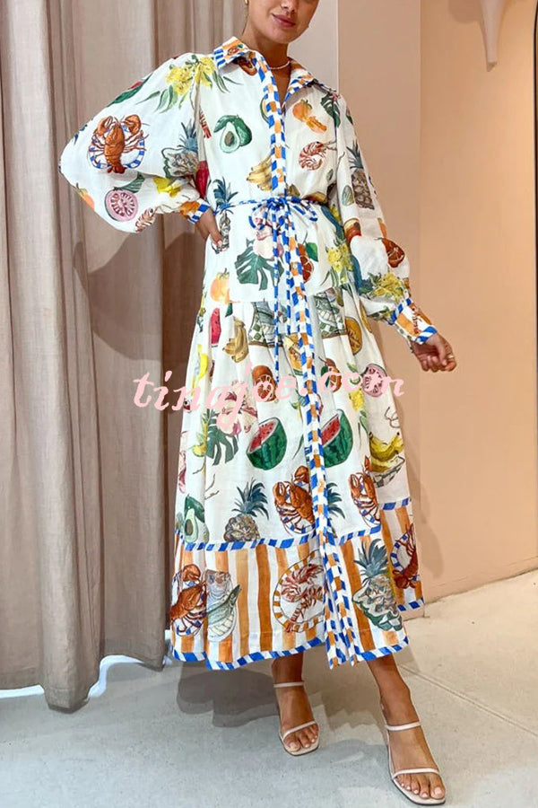 Hopeful Moments Tropical Fruit Print Balloon Sleeve Patchwork Shirt Midi Dress