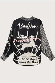 Black Magic Satin Unique Print Long Sleeve Blouse and Elastic Waist Pocket Wide Leg Pants Set