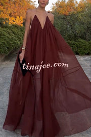 Flowing Lightweight Chiffon Chain Halter Neck Detail Backless A-line Maxi Dress