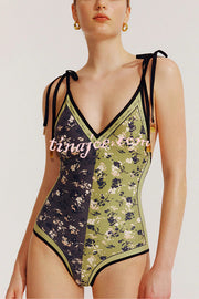 Khloe Vintage Style Floral Color Block Printed Reversible Tie Shoulder Stretch One-piece Swimsuit