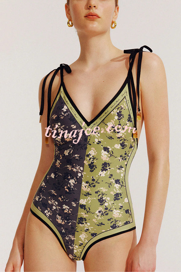 Khloe Vintage Style Floral Color Block Printed Reversible Tie Shoulder Stretch One-piece Swimsuit