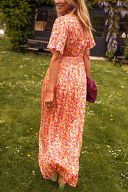 Floral Print V-Neck Short Sleeve Waist Maxi Dress