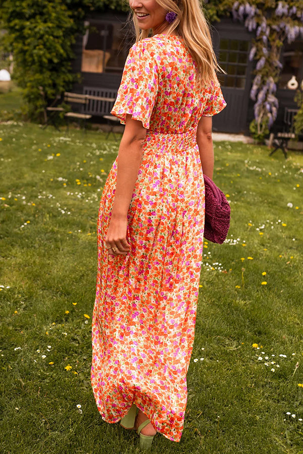 Floral Print V-Neck Short Sleeve Waist Maxi Dress