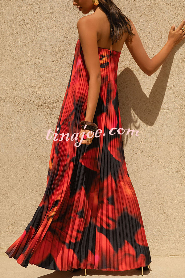 For Every Occasion Satin Pleated Floral Print V-wire Bandeau Neck Maxi Dress