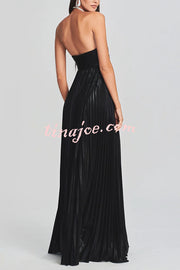 Metallic Sexy Tube Top Pleated High Slit Maxi Dress