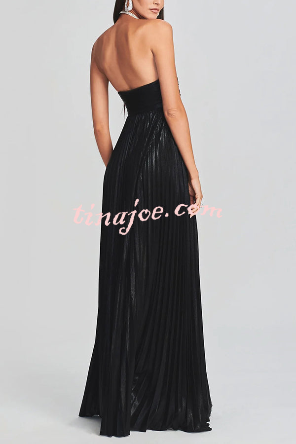 Metallic Sexy Tube Top Pleated High Slit Maxi Dress